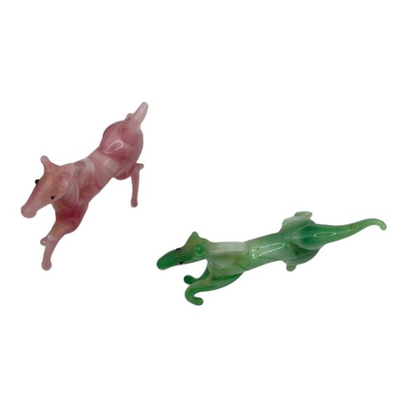 VTG 1960s Hand Blown Crystal Miniature Pink Green Swirl Horse Figurines 2” Pair - Picture 5 of 8